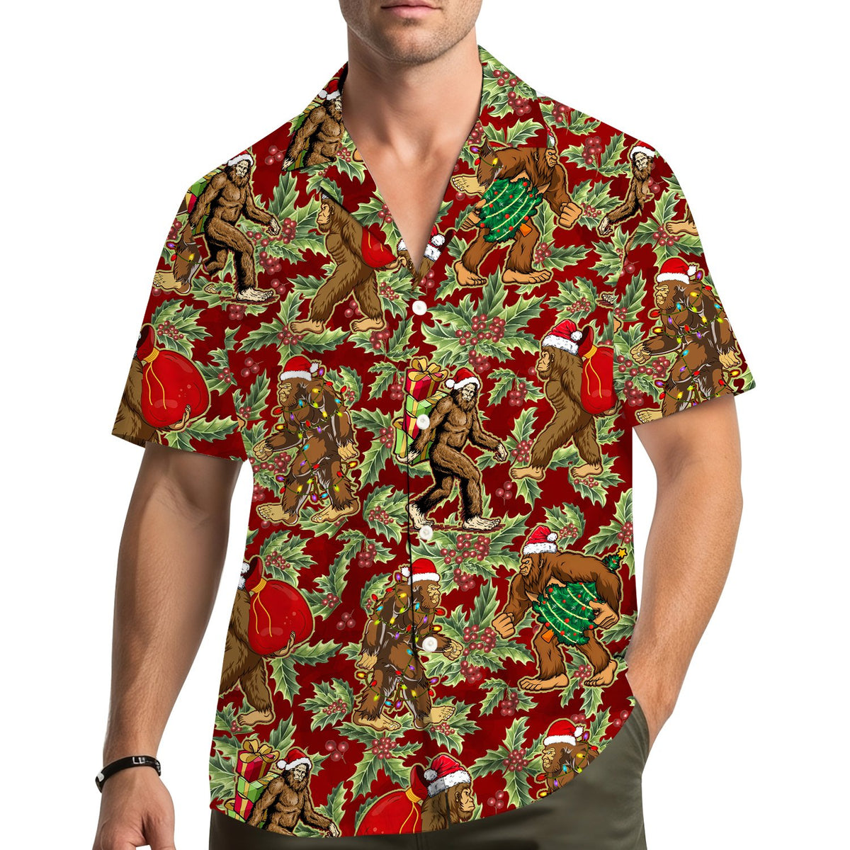 Front view of another matching family hawaiian shirt with christmas bigfoot print