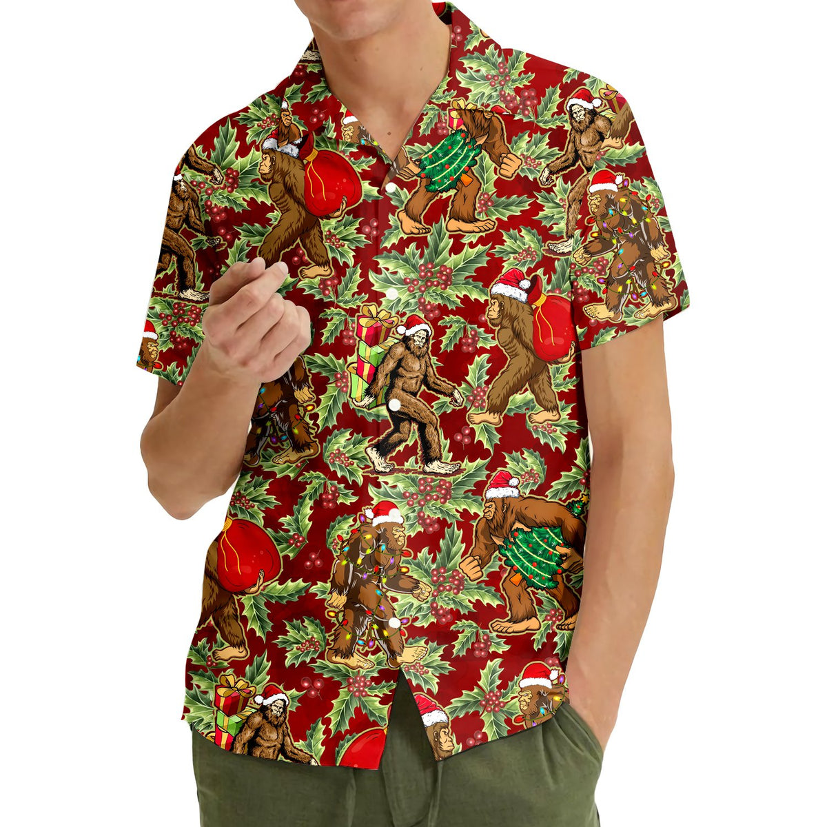 Close-up front view of the bigfoot holiday hawaiian shirt