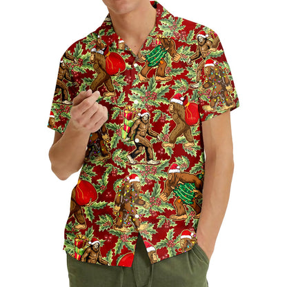 Close-up front view of the bigfoot holiday hawaiian shirt