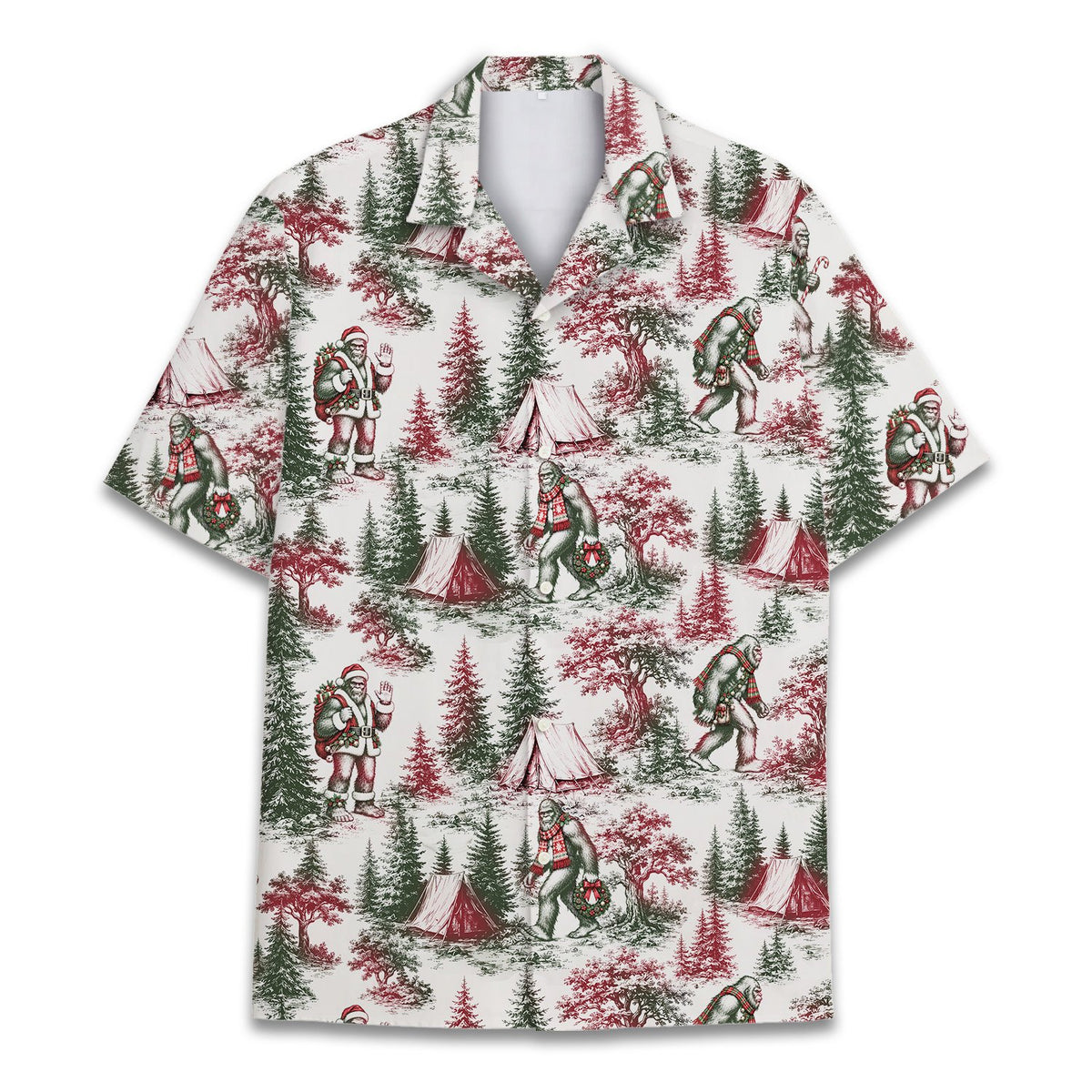 Multicolor matching family hawaiian shirts with christmas bigfoot design, front view alternate