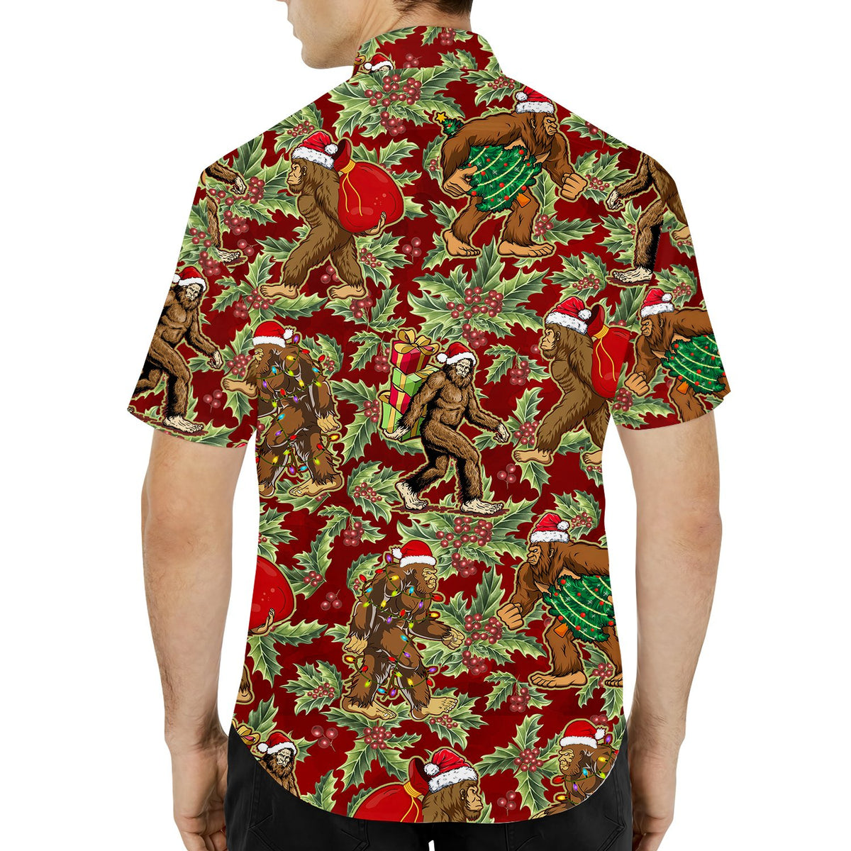 Back view of the red christmas bigfoot hawaiian shirt showing the festive all-over print