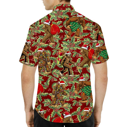 Back view of the red christmas bigfoot hawaiian shirt showing the festive all-over print