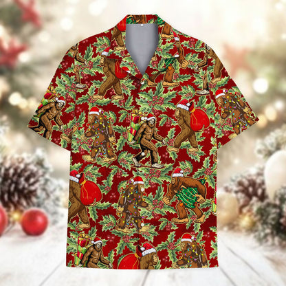 Alternative front view of the red christmas bigfoot hawaiian shirt
