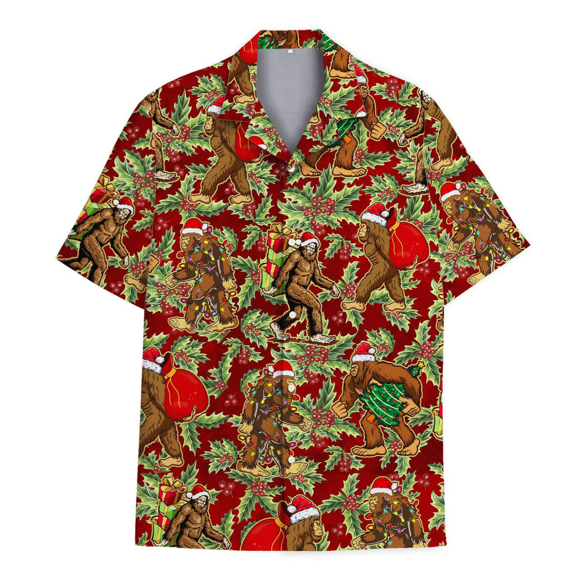 Full front view of the holiday hawaiian shirt featuring bigfoot in santa hats