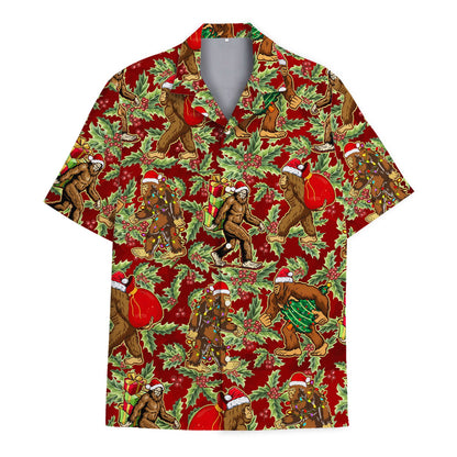 Full front view of the holiday hawaiian shirt featuring bigfoot in santa hats