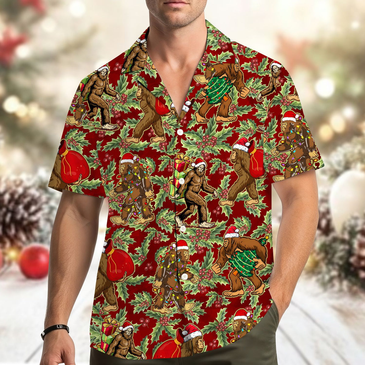 Front view of the matching family christmas bigfoot hawaiian shirt