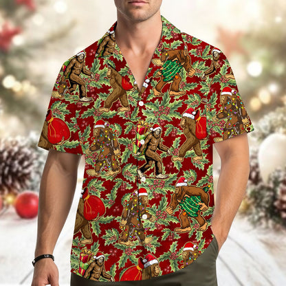 Main view of the christmas bigfoot hawaiian shirt featuring sasquatch holiday designs on a red base