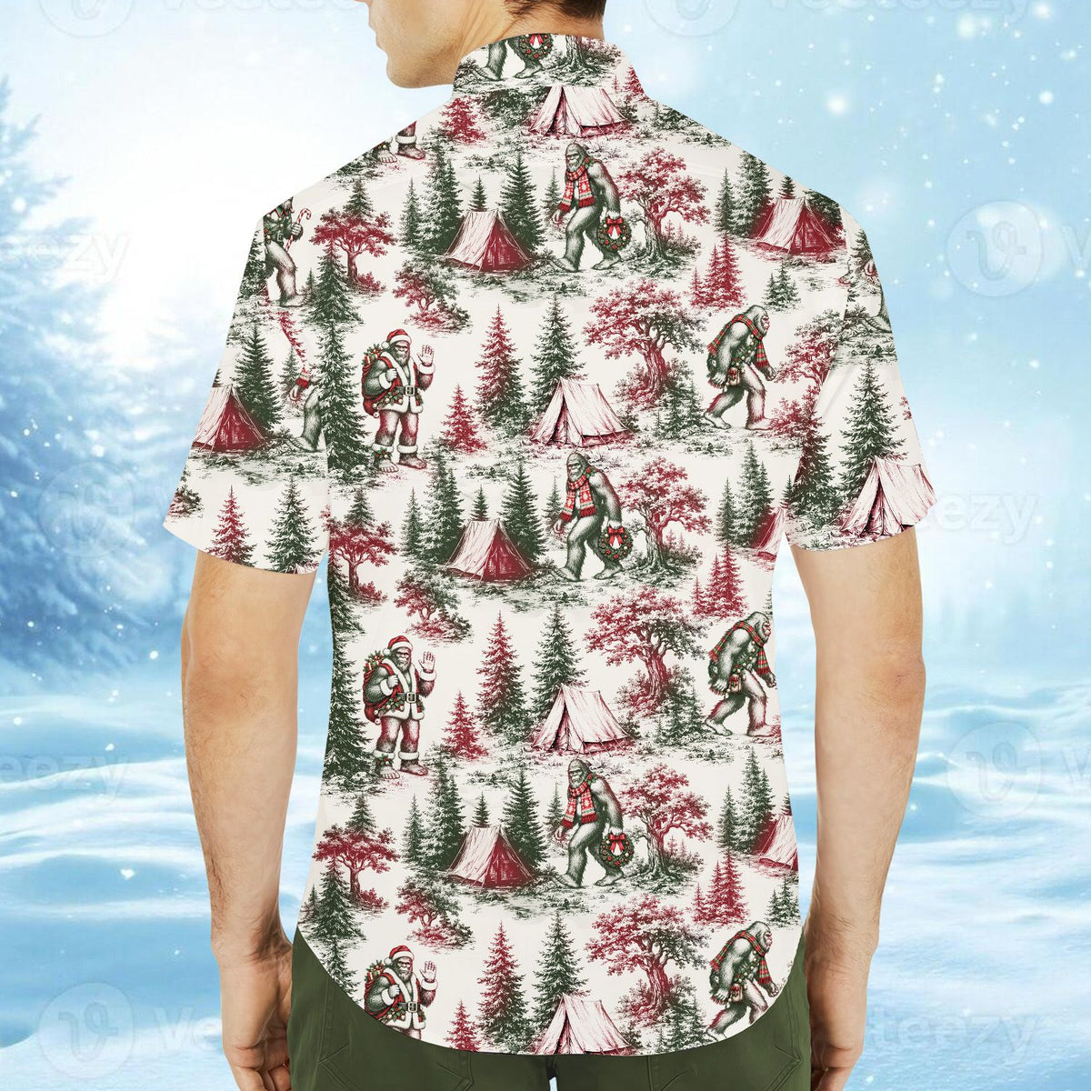 Detailed back view of white christmas bigfoot hawaiian shirt