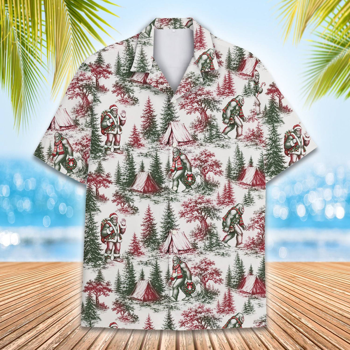 Close up front view of white christmas bigfoot hawaiian shirt