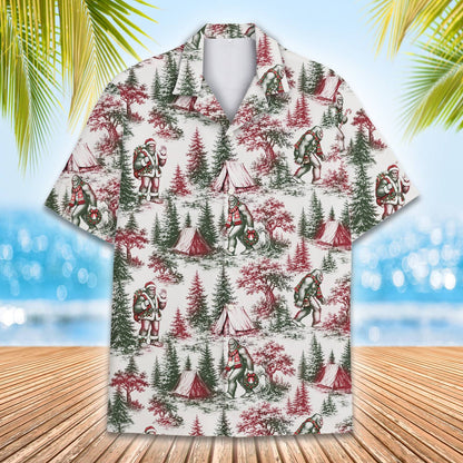 Close up front view of white christmas bigfoot hawaiian shirt