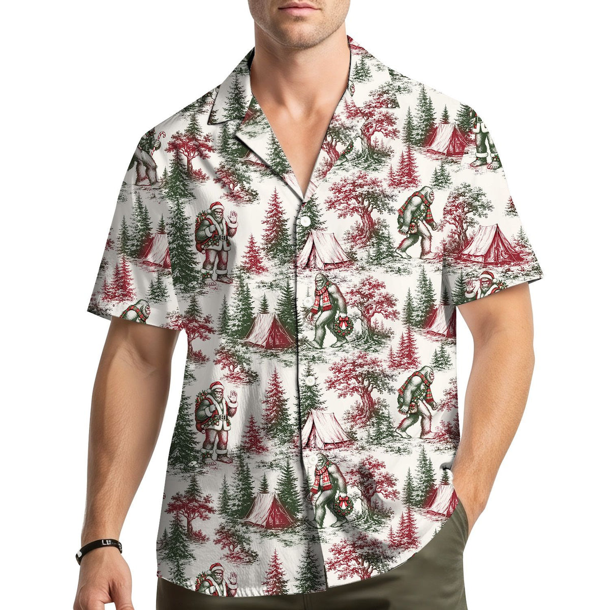 Detailed front view of white christmas bigfoot hawaiian shirt