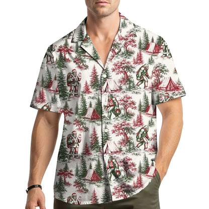 Detailed front view of white christmas bigfoot hawaiian shirt