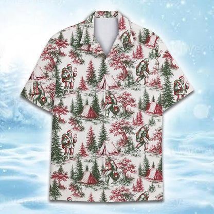 White christmas bigfoot hawaiian shirt on adult, front view