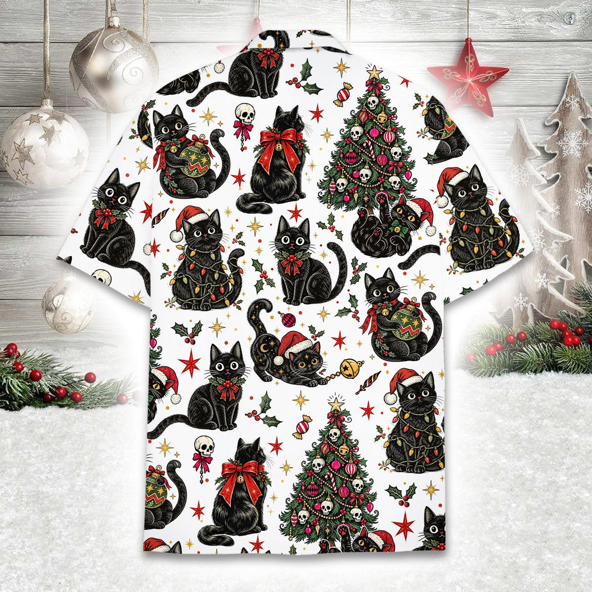 Another back view of the festive hawaiian shirt