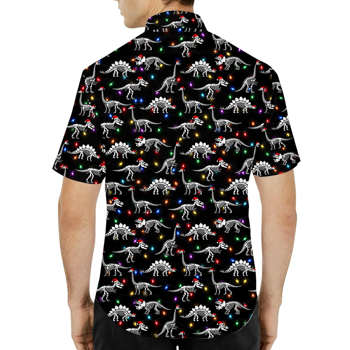 Detail back view of the family matching hawaiian shirt in black