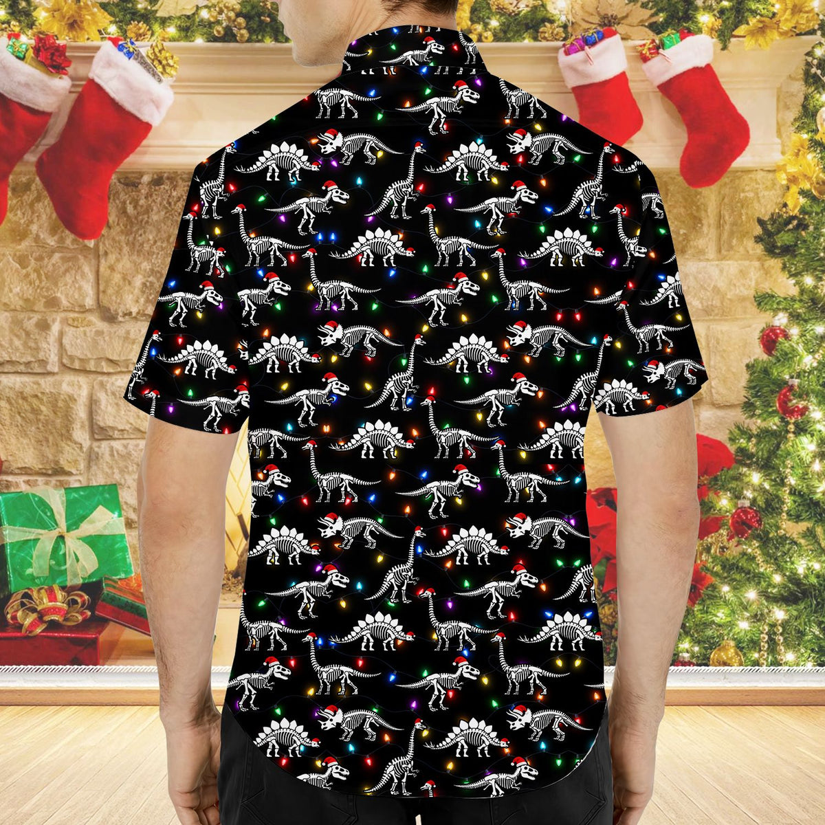 Full back view of the holiday hawaiian shirt with Santa hat dinosaurs