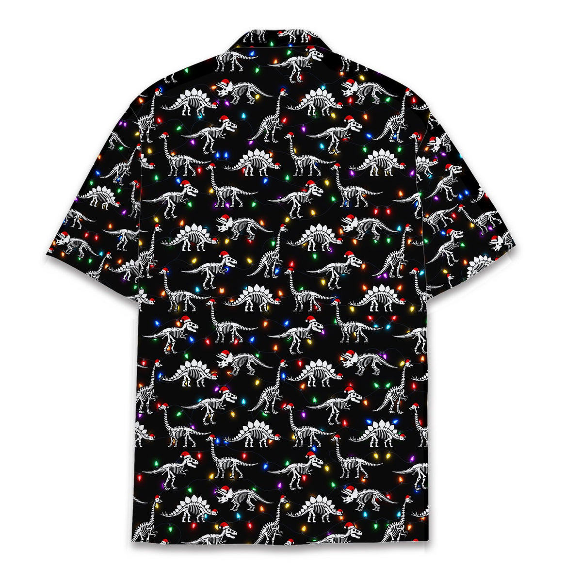Back view of the black christmas hawaiian shirt with dinosaur skeleton design
