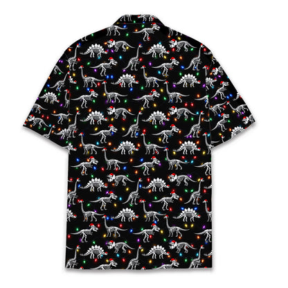 Back view of the black christmas hawaiian shirt with dinosaur skeleton design