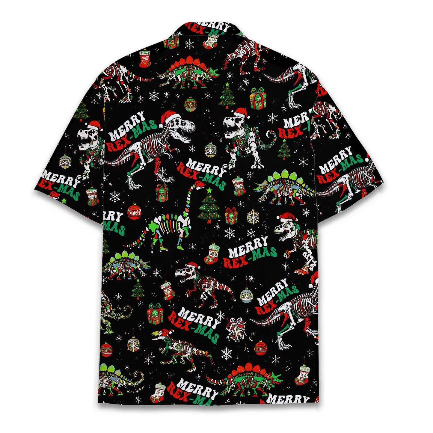 Personalized hawaiian shirt back view showing dinosaur christmas pattern
