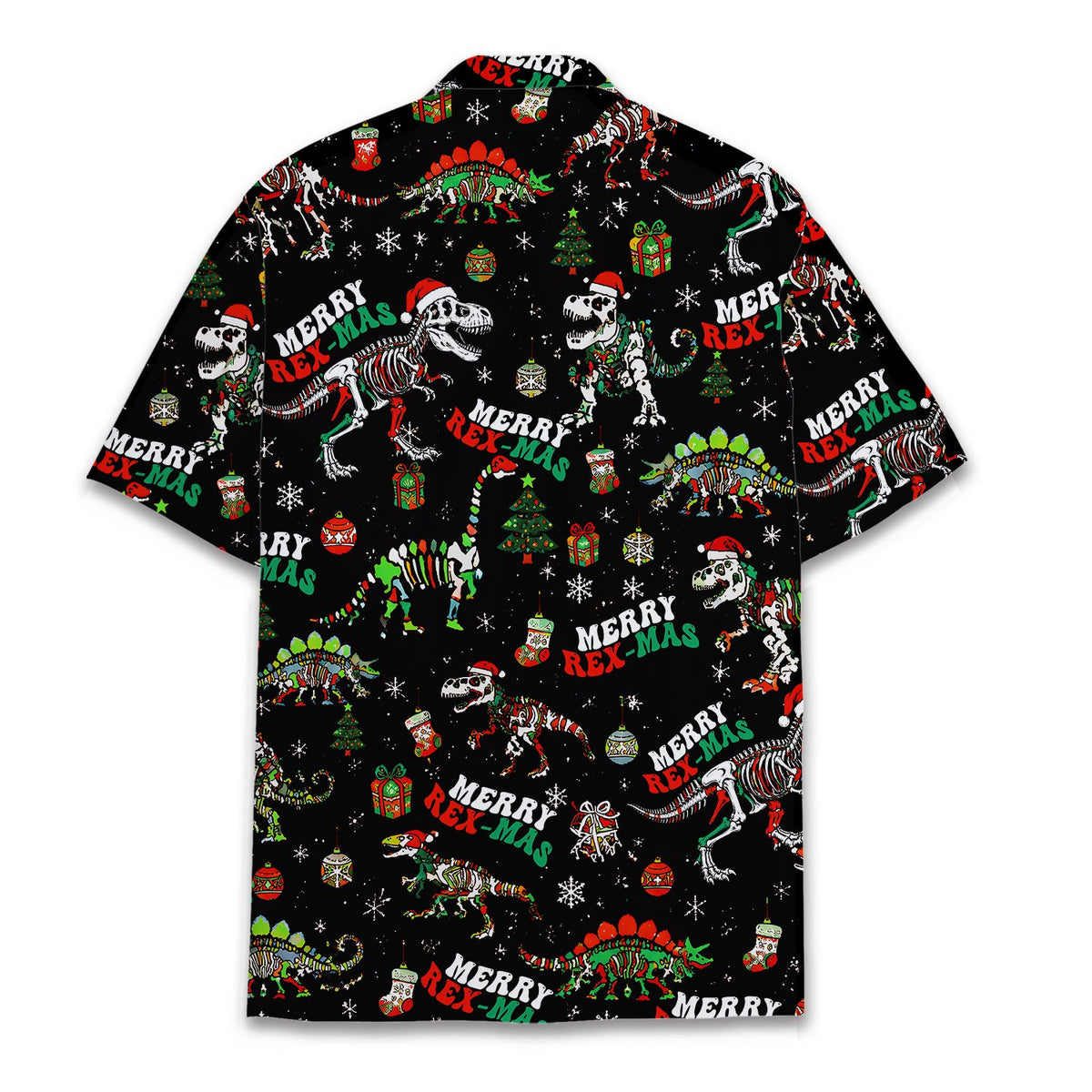 Personalized hawaiian shirt back view showing dinosaur christmas pattern
