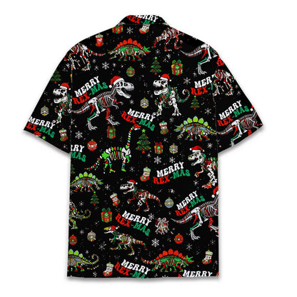 Personalized hawaiian shirt back view showing dinosaur christmas pattern