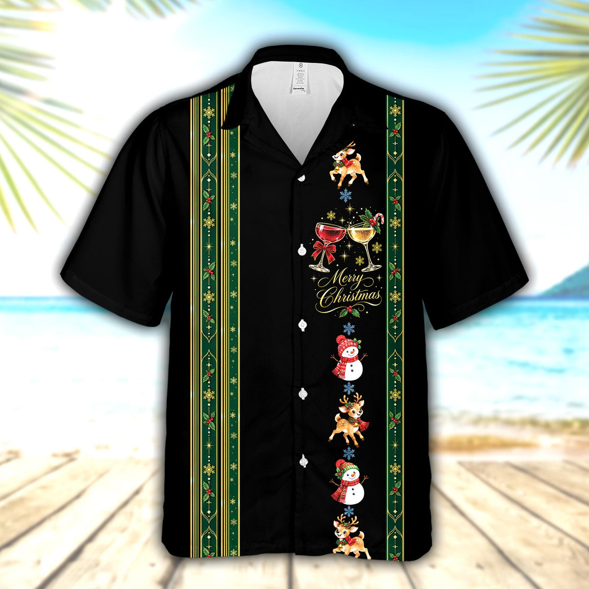 Black christmas hawaiian shirt with reindeer and snowman design, flat view