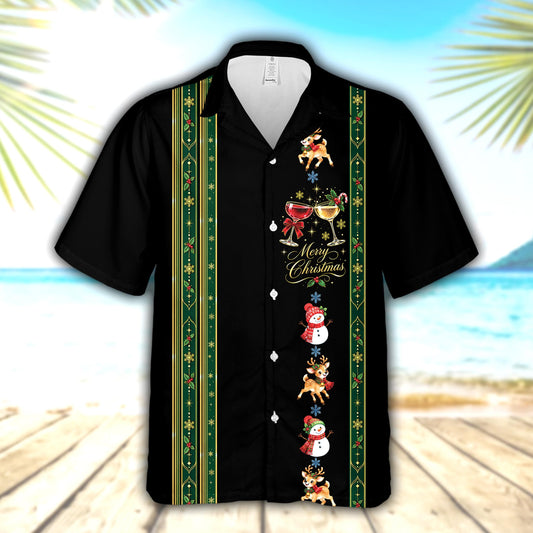 Black christmas hawaiian shirt with reindeer and snowman design, flat view