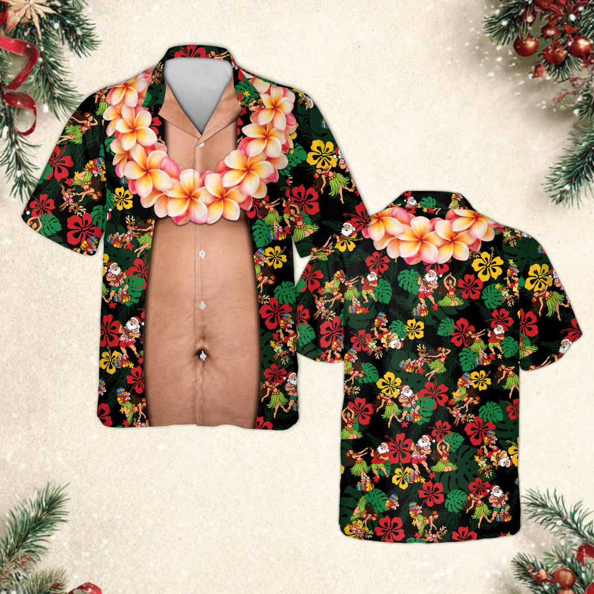 Black christmas hawaiian shirt with faux chest and tropical holiday pattern, front view