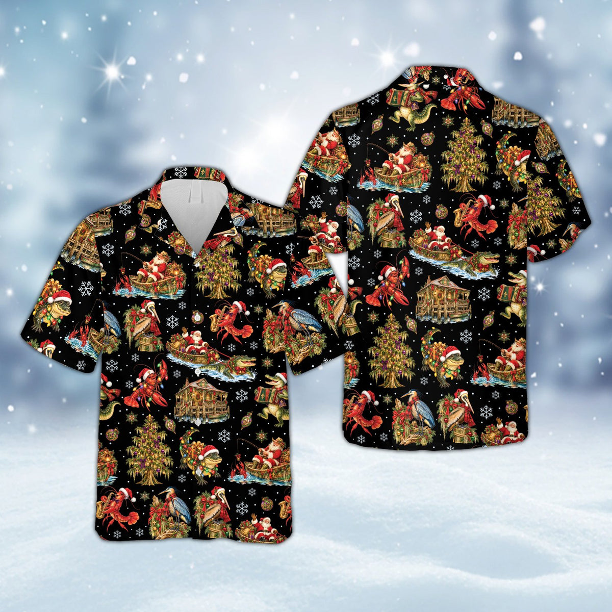 Black matching family hawaiian shirts with Cajun Christmas design, front view