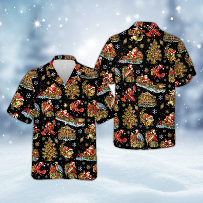 Black matching family hawaiian shirts with Cajun Christmas design, front view