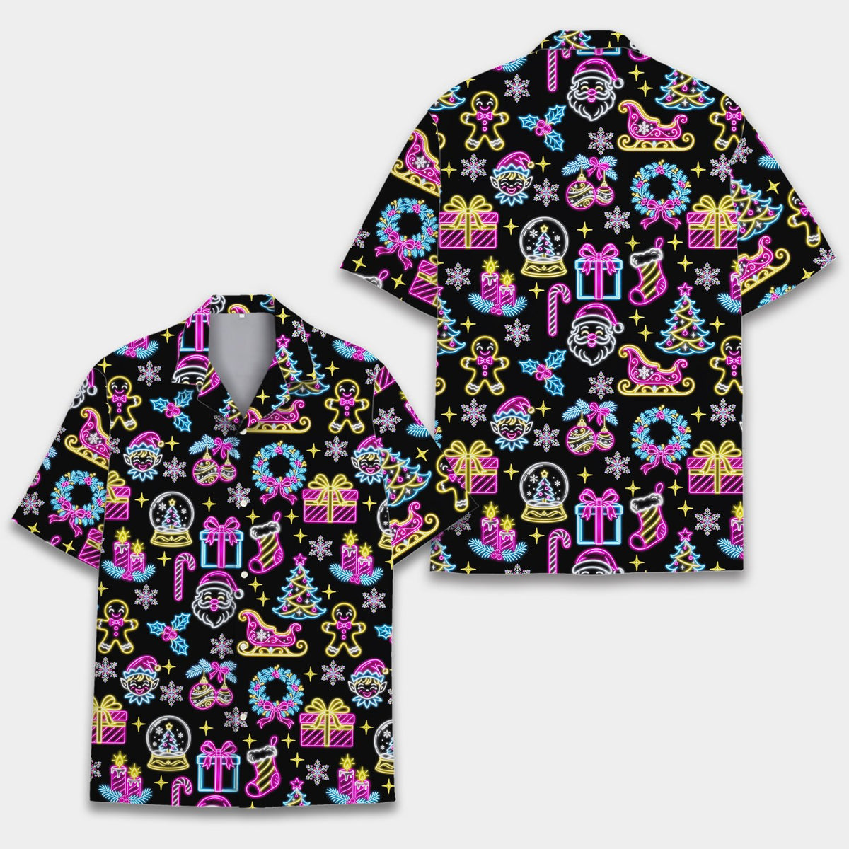 Matching family hawaiian shirts with neon christmas icons, front view