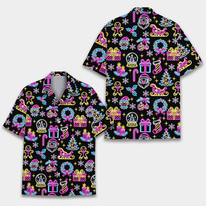 Matching family hawaiian shirts with neon christmas icons, front view