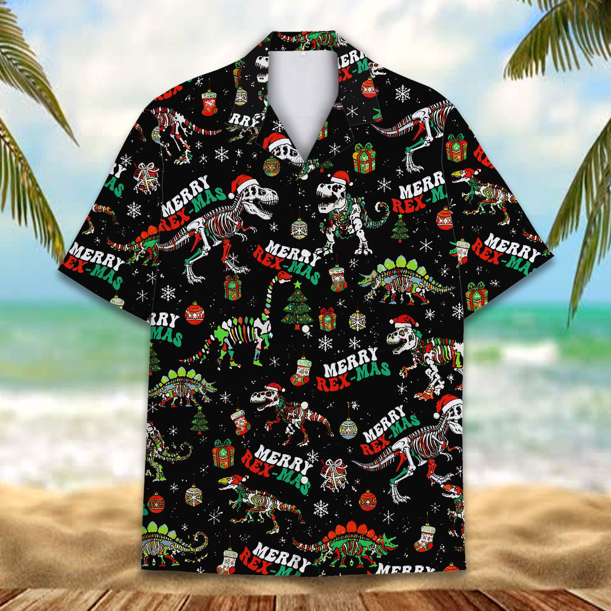 Black christmas hawaiian shirt with dinosaur pattern, front view