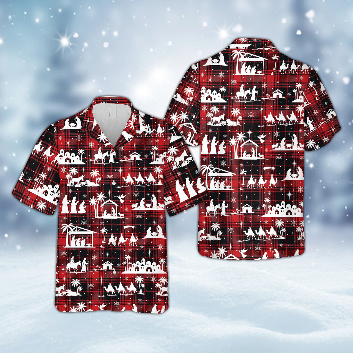 Black matching family hawaiian shirt with holiday pattern, front view