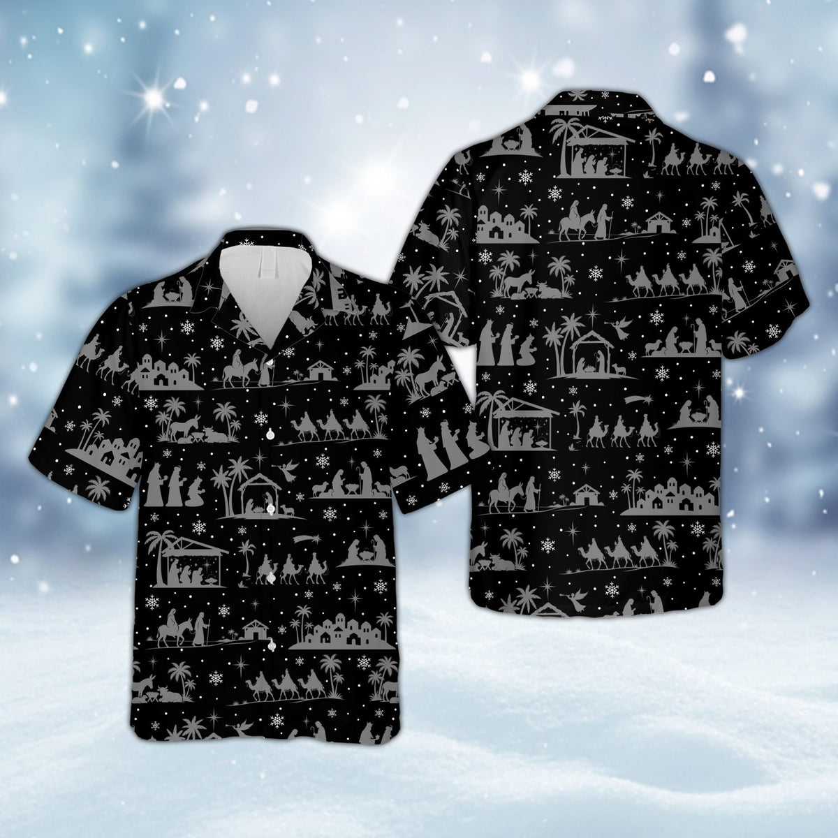 Black matching family hawaiian shirt with nativity design, front view