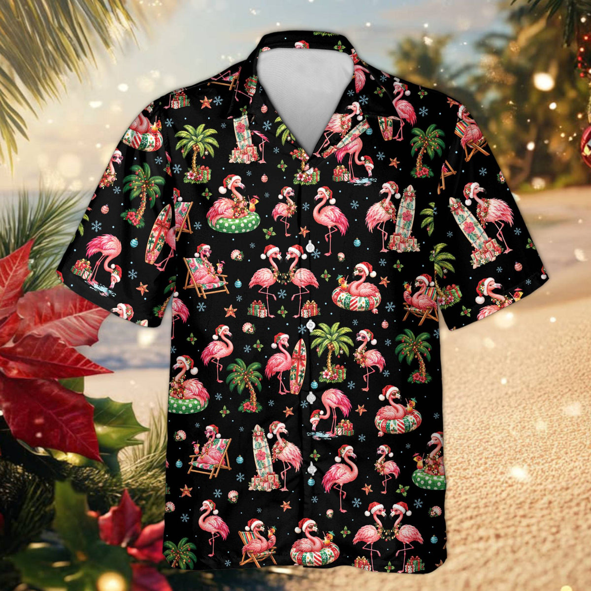 Front view of the black tropical holiday hawaiian shirt