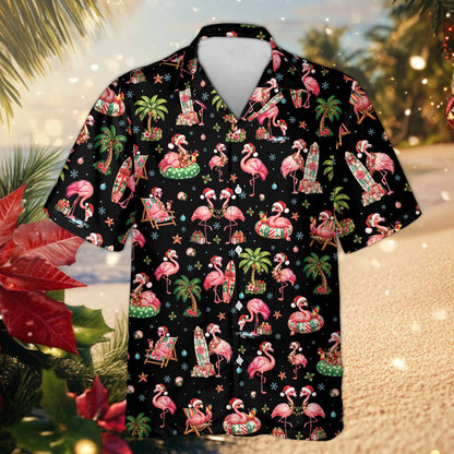 Front view of the black tropical holiday hawaiian shirt