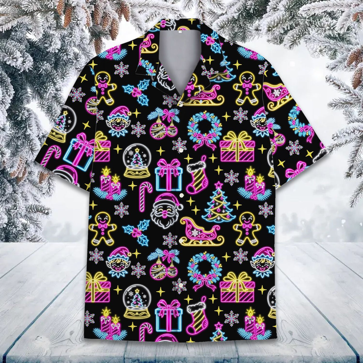 Black hawaiian shirt with neon holiday icons, front view
