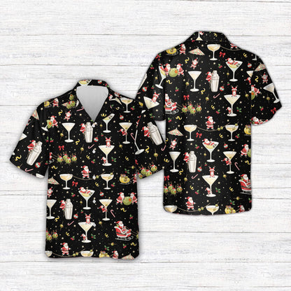 Black christmas hawaiian shirt with Santa design, front view