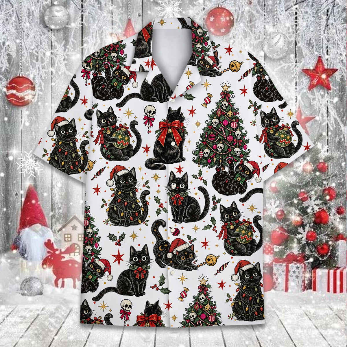 Matching family hawaiian shirts featuring gothic black cat christmas design, main view