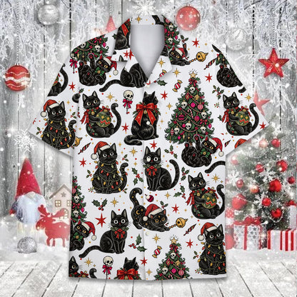 Matching family hawaiian shirts featuring gothic black cat christmas design, main view