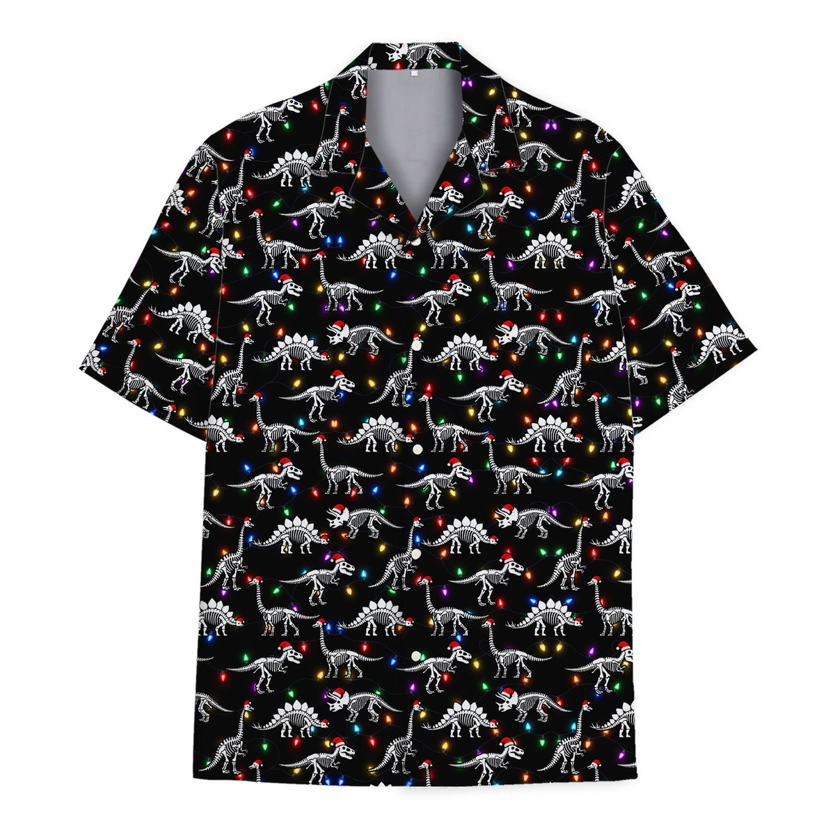 Black christmas hawaiian shirt with dinosaur skeletons and Santa hats, main front view