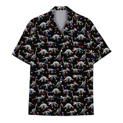 Black christmas hawaiian shirt with dinosaur skeletons and Santa hats, main front view