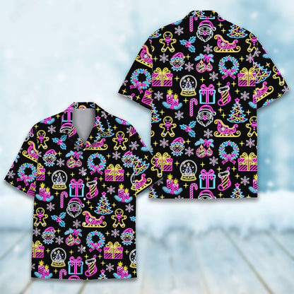 Neon christmas hawaiian shirt on a black background, main view