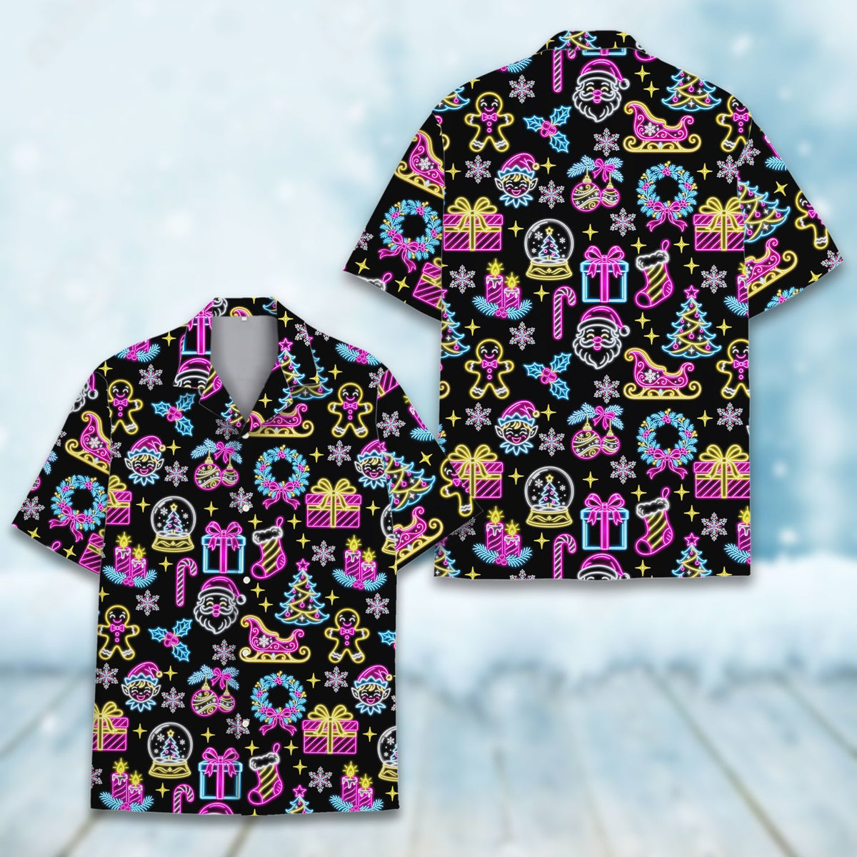 Black neon holiday hawaiian shirt, front view