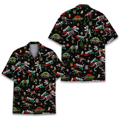 Matching family hawaiian shirts in black with custom name, front view