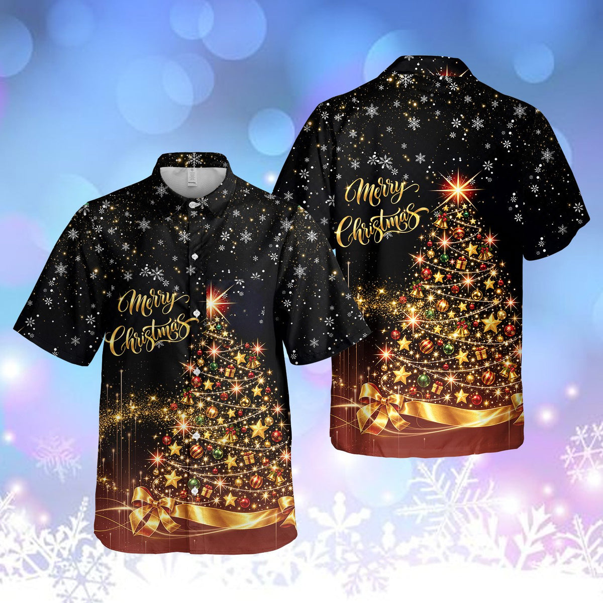 Christmas hawaiian shirt featuring a glowing tree on black, main view