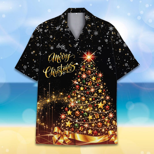 Christmas hawaiian shirt with golden tree on black starry night, main view