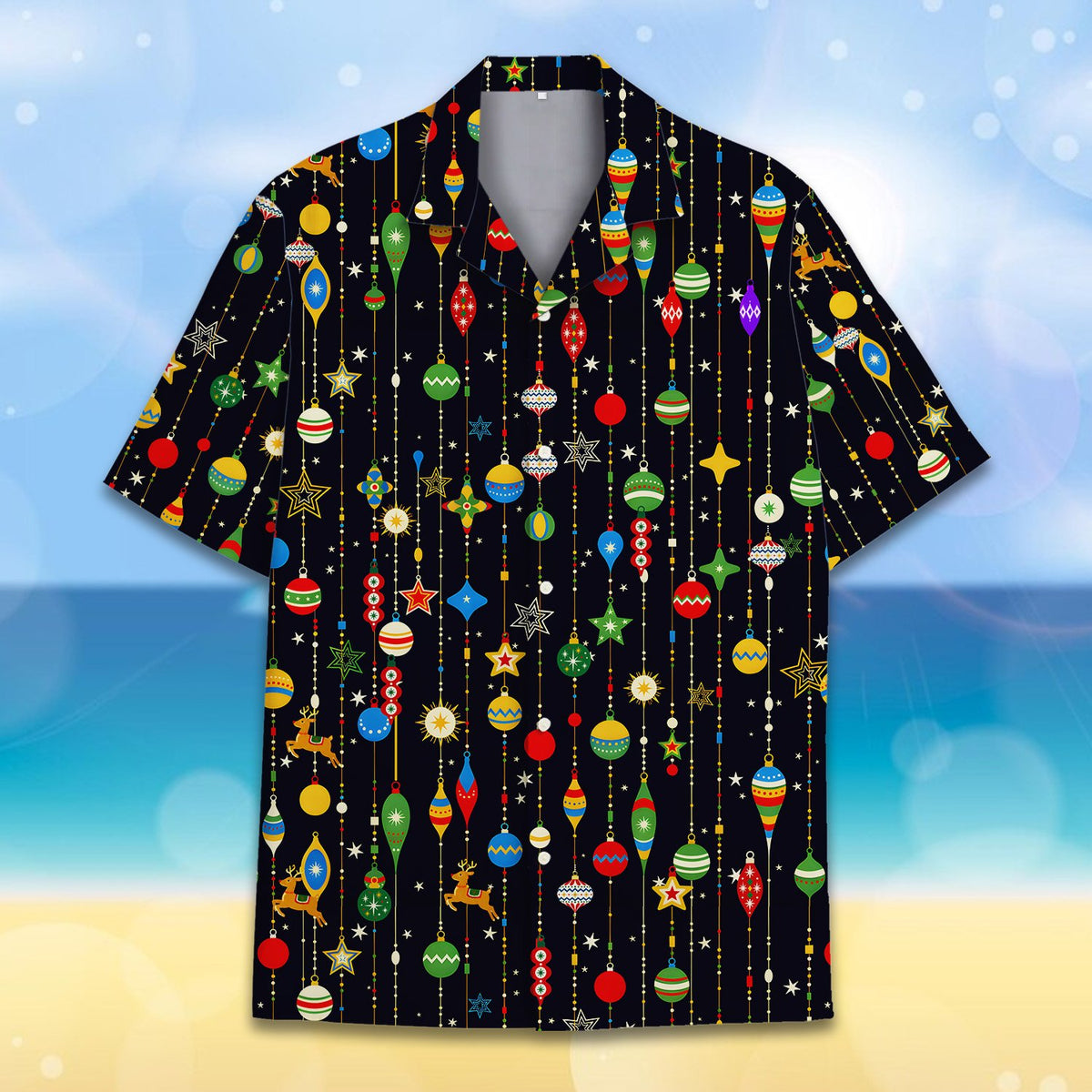 Matching family hawaiian shirts featuring colorful christmas ornaments and reindeer over a black background