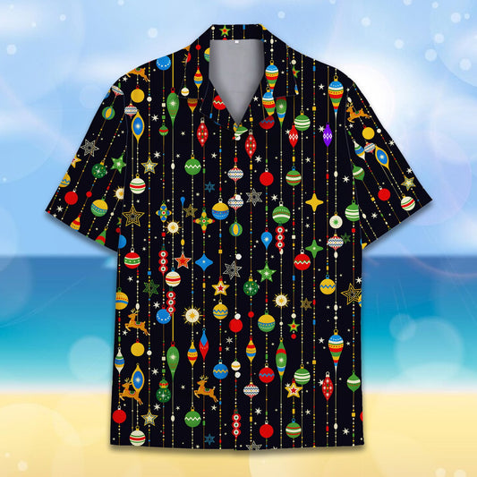 Matching family hawaiian shirts featuring colorful christmas ornaments and reindeer over a black background